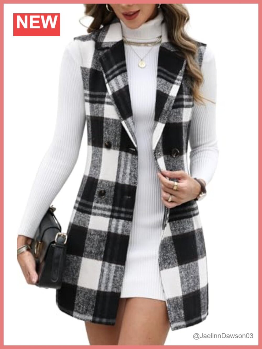 Tweed Plaid Sleeveless Long Vest Top Double Breasted Notch Lapel